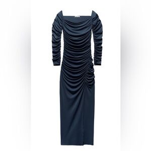 Zara Navy Long Sleeve Ruched Dress